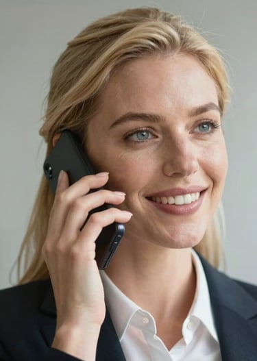 Close-up of a blonde woman businessperson making a phone call with a smile.