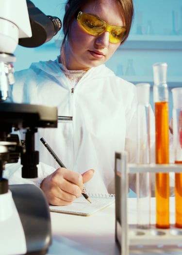 a woman in a lab coat and goggles