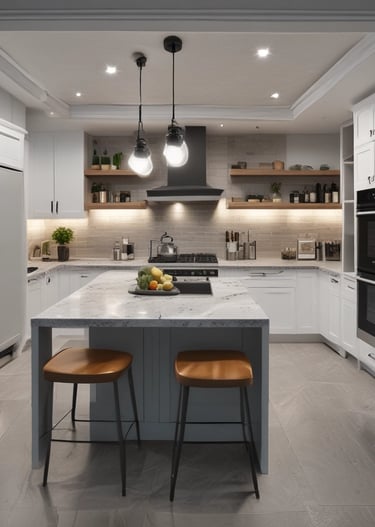 a redesigned kitchen with a large island 
