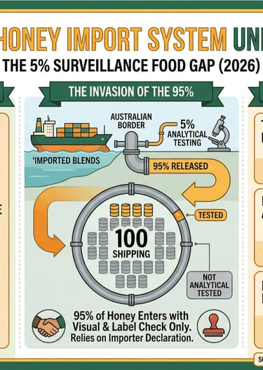 Infographic explaining Australia's 2026 honey import rules, highlighting that only 5% of imported honey is tested