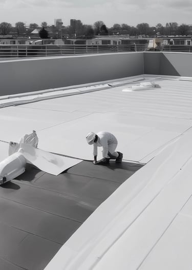 A series of corrugated metal sheets form a rooftop with visible aging and weathering. The metal sheets have patches of rust and discoloration, and the edges appear worn. In the background, a wooden fence adds texture with its vertical planks and varying shades of brown. Some debris, possibly rocks or dirt, is scattered on the rooftop.