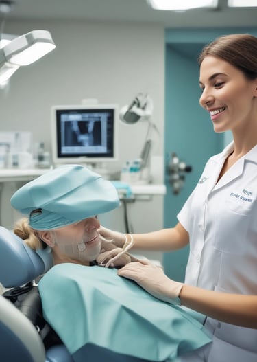 A dentist consulting with a patient in a bright office.