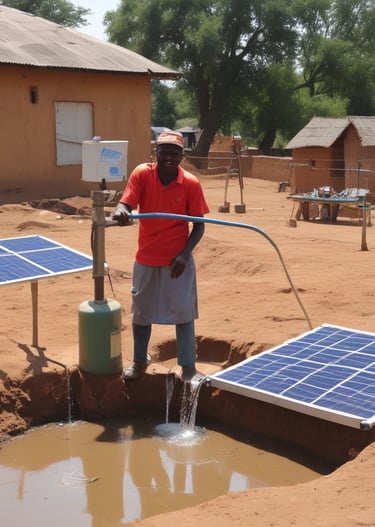 Innovative, large solar panel structures designed like futuristic trees, situated in a landscaped area with various plants and a pathway. The scene includes people walking, and the architecture emphasizes a modern, sustainable design.