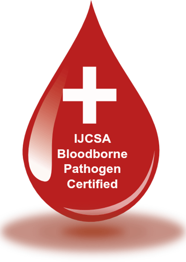a blood droplet a certification of Bloodborne Pathogen Certified.