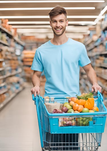 Betreuer hilft Senior beim Einkaufen und unterstützt im Alltag mit Begleitung und Haushaltshilfe