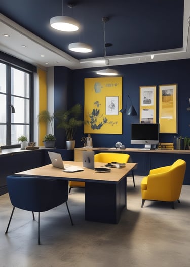 A modern interior space of an entrepreneurship center with large glass windows and open doors. The room contains people sitting at tables, engaging in various activities. The sleek design features metal railings and exposed ductwork in the ceiling, creating an industrial feel.