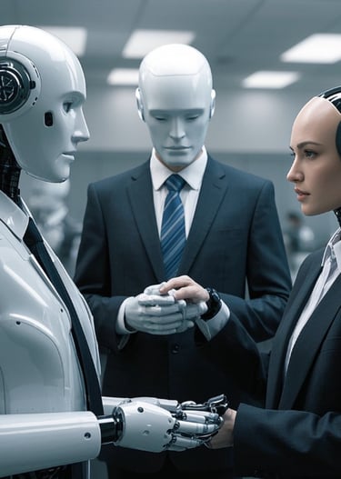 ai female and male robots business suits working together with each other
