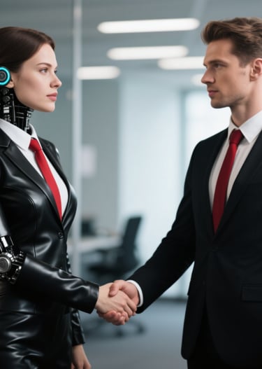 a man and woman shaking hands in a business meeting