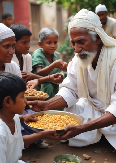 Close-up of hands exchanging coins and notes symbolizing the act of giving sadaqa.