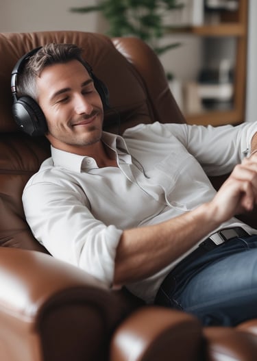 Close-up shot of a man comfortably reclining in a sleek leather chair.