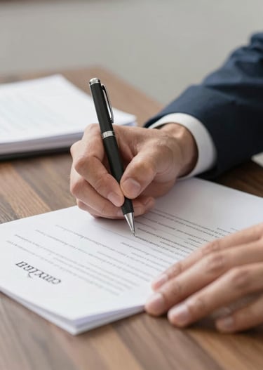 A person is signing documents on a dark wooden table. Multiple sheets of paper are spread out, with text and tables visible on them. The person is holding a black pen and wearing dark clothing, creating a contrast with the white papers.