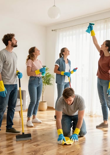 A team of professional cleaners diligently working in a bright and tidy vacation home.