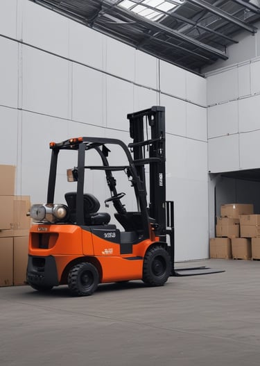 A large blue telescopic forklift labeled 'GRADALL 534D-9' with oversized tires is parked outdoors on a gravel surface. Nearby, there is a black vehicle partially visible, along with greenery and residential buildings in the background. The area is well-lit by sunlight and the surrounding environment has various construction materials.