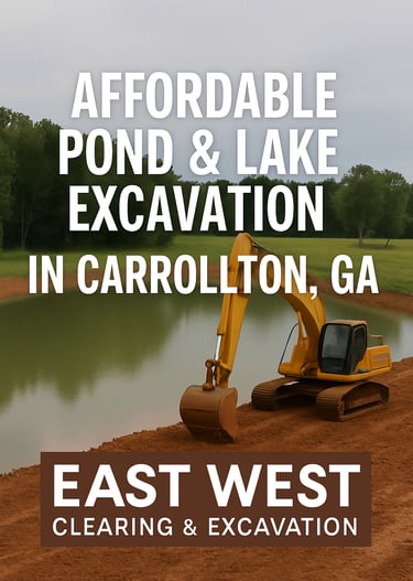 Excavator digging a pond on rural property in Carrollton, GA with East West Clearing & Excavation pr