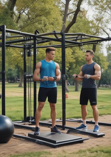 Two individuals are performing lunges in a well-lit studio, each holding dumbbells in their hands. They are both wearing athletic clothing, and cartons of boxed water are placed on the floor nearby. Large windows allow natural light to illuminate the wooden floor.