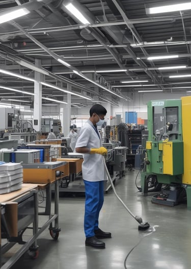 A person mixing cleaning solutions in a clear container with vibrant colors.