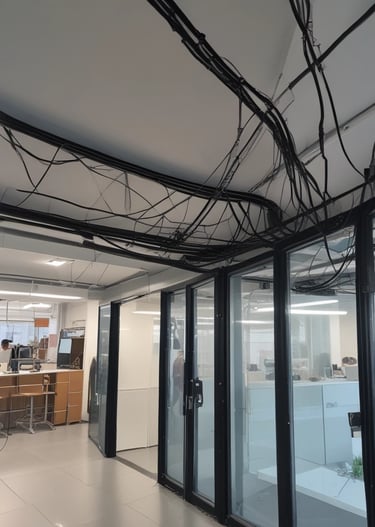 A residential area featuring two white houses with brown roofs and gray shutters. In the foreground, there is an area with roadwork signs, including a yellow portable generator and a couple of traffic barrels. Some chairs are stacked against the wall of the house on the left. There is a parked orange vehicle partially visible at the bottom right.