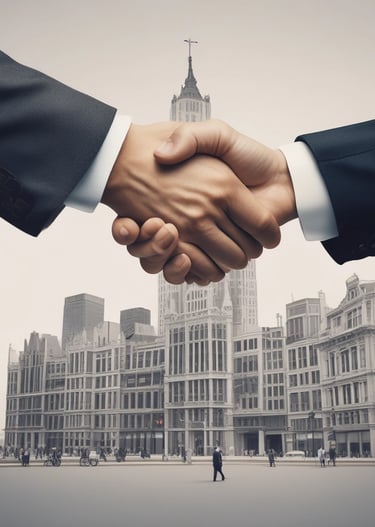 Delivery trucks lined up outside a government building under a clear sky.