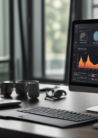 A close-up of hands analyzing data charts and graphs on a digital tablet.