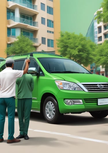 A person wearing a red coat and hat is using a red walker to navigate on a city street. Surrounding the individual are several traffic cones and moving vehicles. The scene suggests urban traffic and mobility assistance.