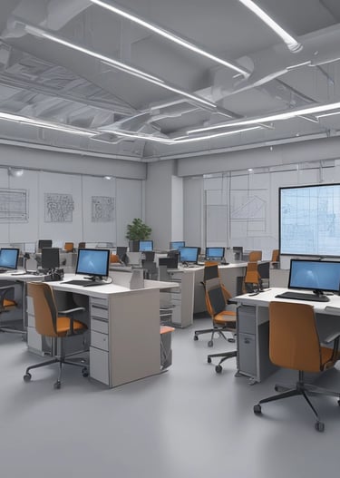A laptop resting on a wooden table displays a graphic design software with a black card featuring a letter 'C' and a QR code. The background reveals a modern cafe setting with cushioned chairs, wooden tables, and soft lighting, all contributing to a cozy atmosphere.