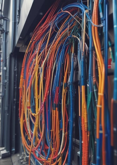 A close-up view of a sound or patch panel filled with numerous small connectors or jacks, intertwined with several colored wires including red, blue, black, and green. The background is filled with multiple similar connectors, creating a dense and complex texture.