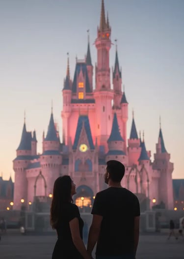 Couple standing in front of Cinderella Castle in Orlando Florida during a romantic sunset