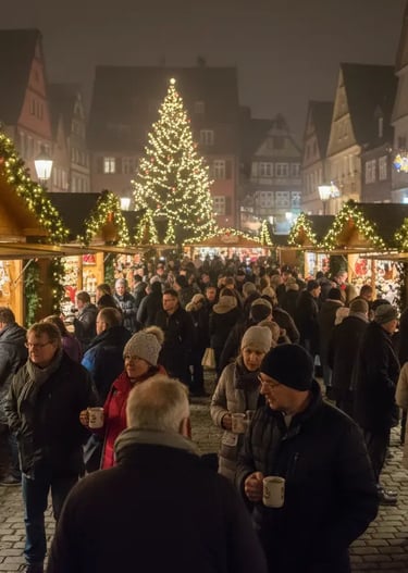 Night view of a crowded Christmas market square featuring a tall, lavishly decorated Christmas tree 