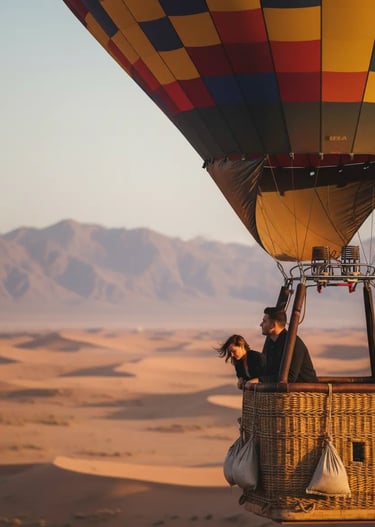 Couple in a hot air balloon floating over a desert landscape at sunrise.
