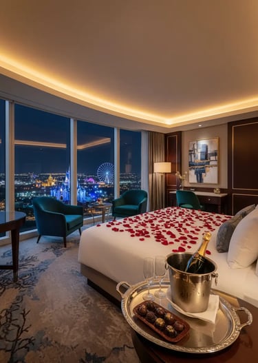 Luxury hotel suite decorated for Valentine's Day with rose petals on bed champagne and city night vi