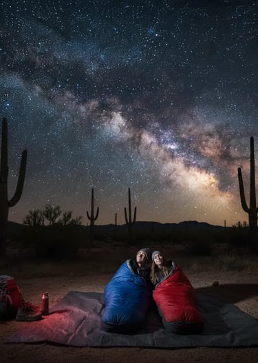 Couple stargazing in sleeping bags in the Sonoran Desert Phoenix Arizona for an outdoor adventure ge