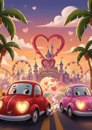 Cartoon illustration of a theme park entrance in Orlando with palm trees, heart arch, and cars.