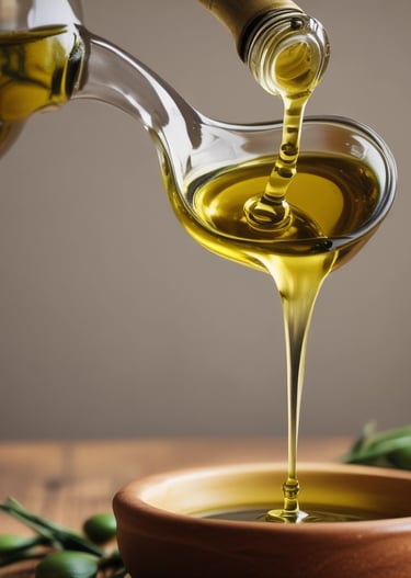 Bottles of golden olive oil lined up on a wooden shelf in a bright warehouse.