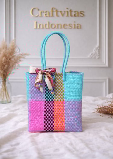 Tas anyaman plastik motif batik tosca pink oranye handmade dari Craftvitas Indonesia