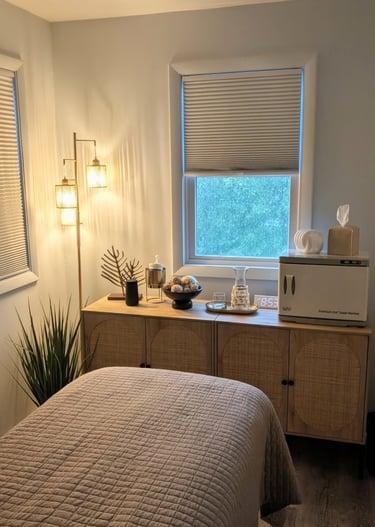 a cozy room with a massage table