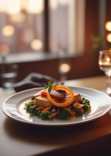 A warmly lit, stylish restaurant interior featuring wooden tables and chairs lined up along a long bench seat that is adorned with colorful pillows. The space has a modern, industrial aesthetic with exposed brick walls and a large shelf filled with wine bottles and jars. The ceiling is made of glass and steel beams, allowing natural light to illuminate the room, and plant arrangements add a touch of greenery.