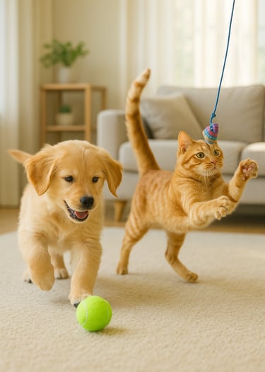 a cat and a dog playing with a ball