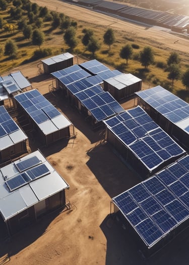 A series of solar panels laid out on a wooden deck are connected to a portable power station. The setup overlooks a scenic landscape featuring lush green fields, trees, and a few rustic houses in the background, suggesting a rural or countryside setting.