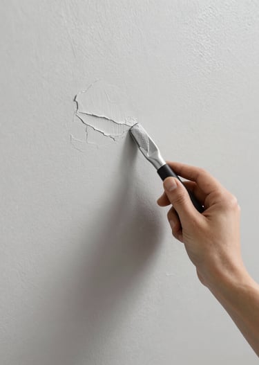 Close-up of hands using a paintbrush on a freshly sanded wall.