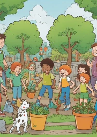 Children happily creating crafts outdoors surrounded by nature.