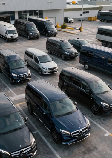 A modern luxury workshop with high-end vehicles and technicians working meticulously under warm lighting.