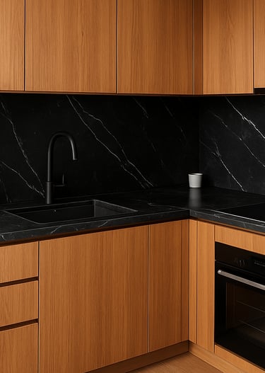 Cozy kitchen interior featuring custom wooden cabinets and warm lighting.