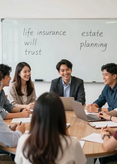 A group of diverse trainees attentively participating in an in-house life insurance training session.