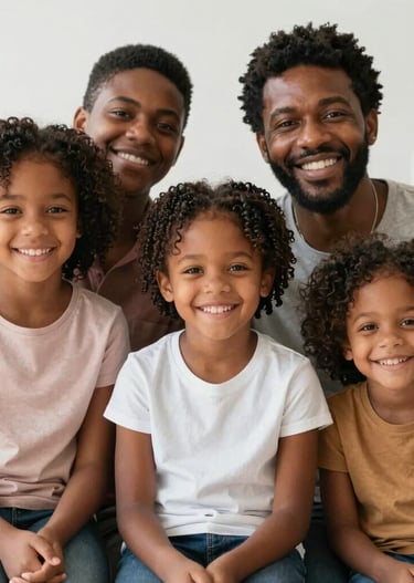 A happy family standing outside their home, relieved and hopeful.