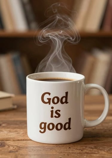Close-up of a stylish mug with a subtle Christian symbol, placed on a sand-colored cloth.
