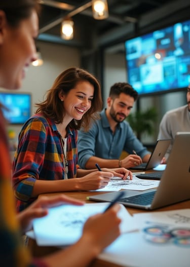 Mulher sorridente escrevendo em uma folha durante reunião de equipe em ambiente corporativo moderno