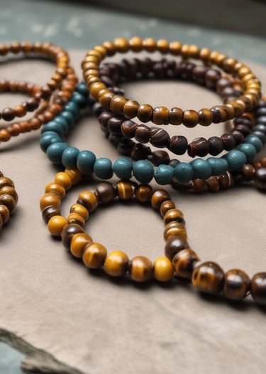 A large faceted gemstone ring is displayed inside an opened seashell. The background is adorned with various pearls and beads, scattered on a sandy surface, creating a luxurious and elegant setting.