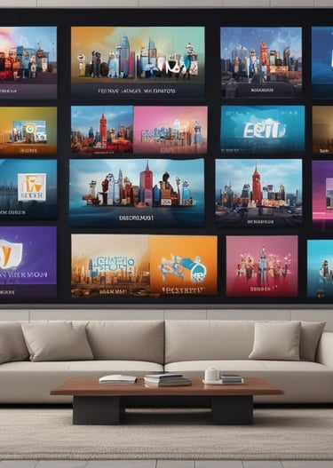 A group of people watching TV in a hotel lounge.