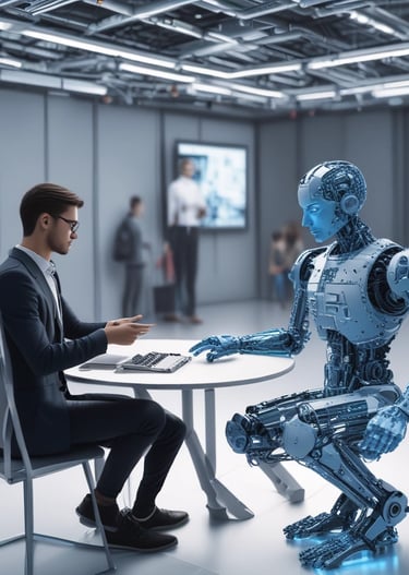 A small, round robot with a smooth white surface and blue accents operates a blue laptop on a sleek, floating platform. The robot has glowing eyes and an antenna on its head, with an 'AI' emblem on its front.