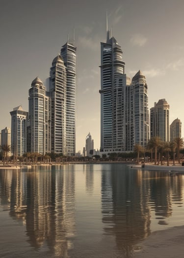 A happy family exploring Dubai's desert on a guided tour with camels and sand dunes.